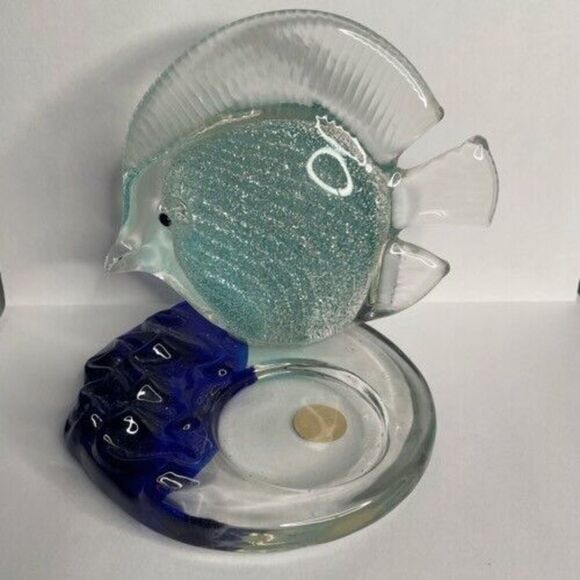 VTG PartyLite Art Glass Sparkly Blue Tropical Fish Tea Light Candle Holder 4" T - Picture 8 of 12